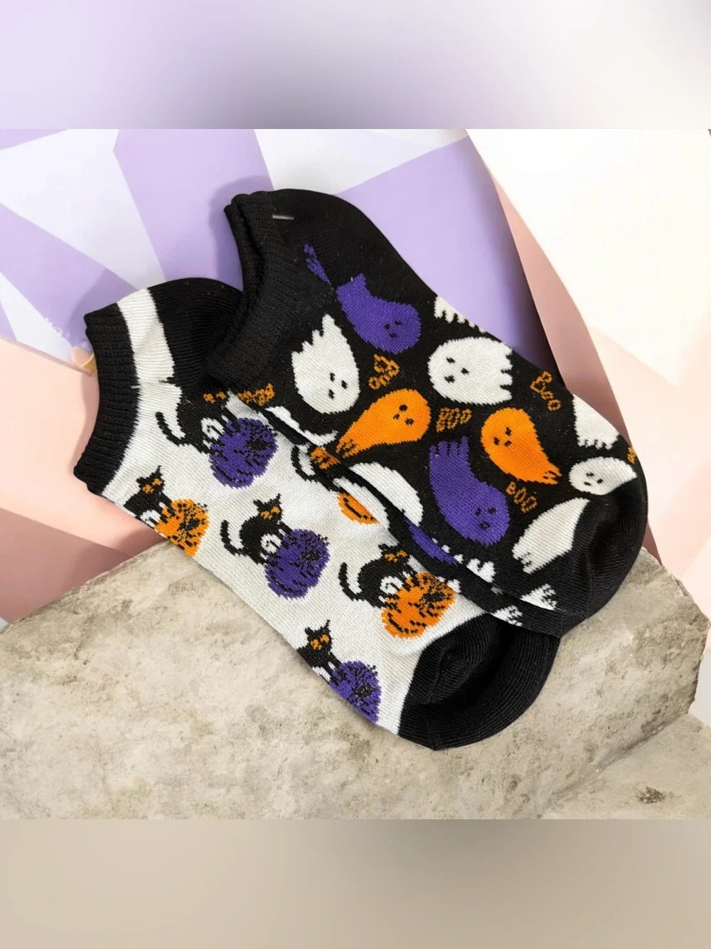 Low Cut Halloween Ghost & Pumpkin Socks - Black, White, Purple, Orange 2 Pair